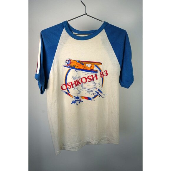 Vintage The Knits Oshkosh 83 Air Show Ringer Raglan Tee Shirt White/Blue Large - Picture 1 of 8